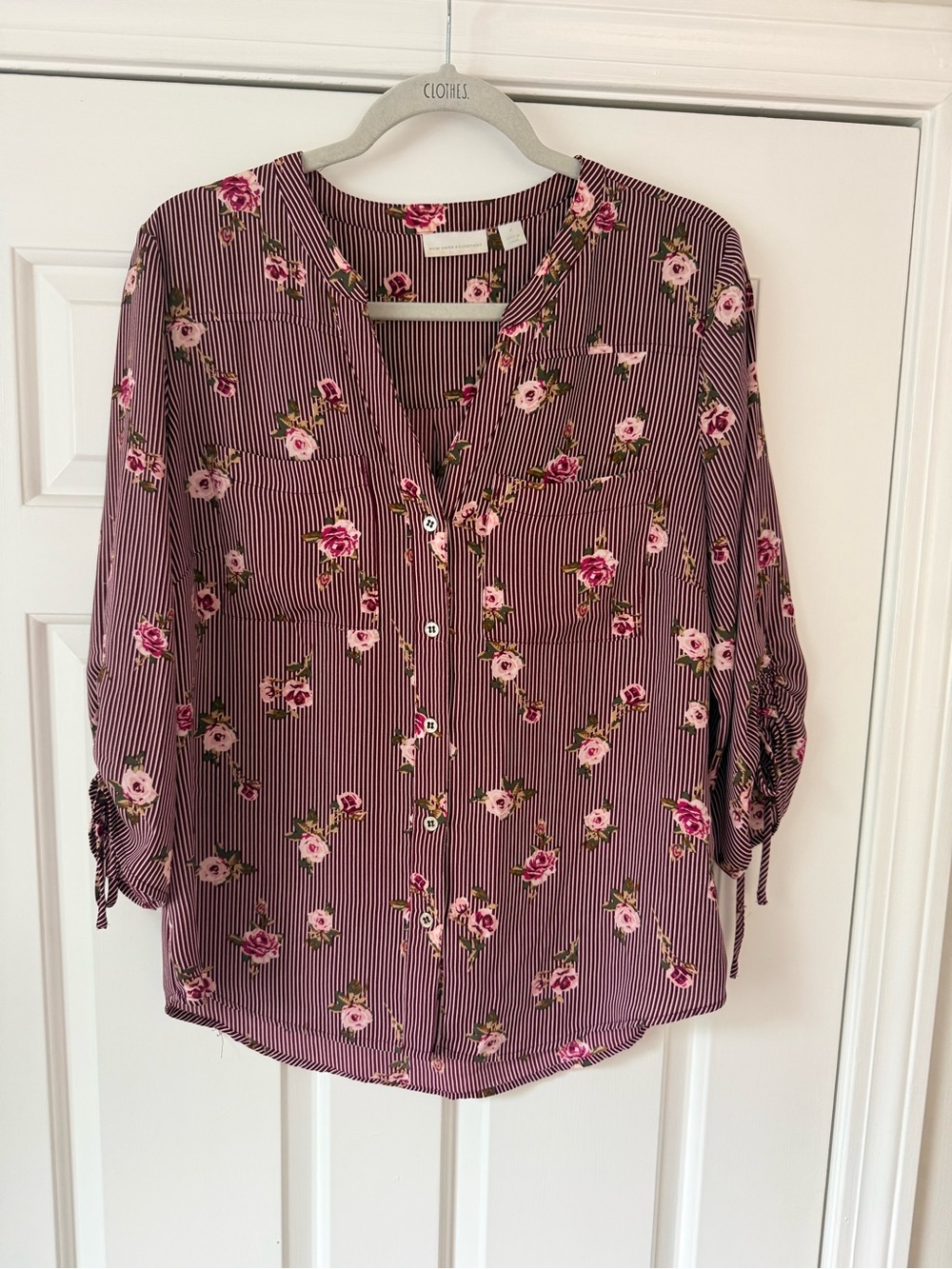 New York & Company Burgundy Pink Striped Floral Button-Front Blouse.